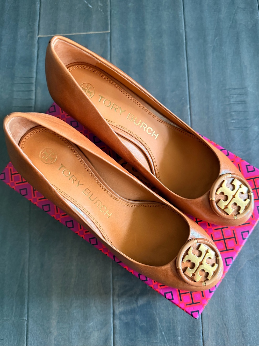 AUTHENTIC TORY BURCH Multi Logo 65mm Wedge Goat Leather